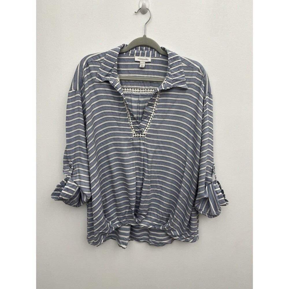 Vintage America Women’s Top Blouse Large Roll Tab Sleeve Stripe Collared Viscose